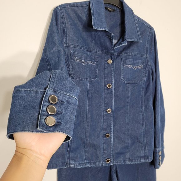 Haggar Petite Matching Denim Blue Jeans Cowboy Tuxedo Jean Jacket Cotton Blend - Picture 3 of 15